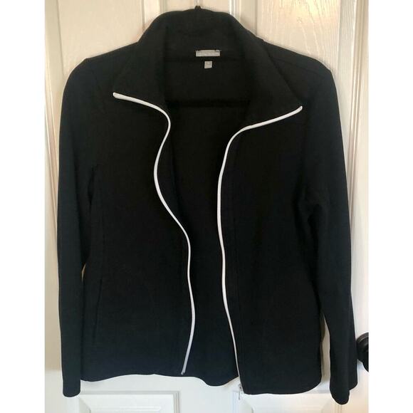 T by Talbots Women's Small Black Zip-Up Jacket White Details Lightweight Pockets - Picture 2 of 7